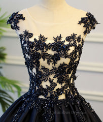 Party Dresses Online, Black round neck satin long prom gown, black evening dress