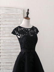 Prom Dress Idea, Black Round Neck Tulle Lace Applique Short Prom Dress, Black Homecoming Dress