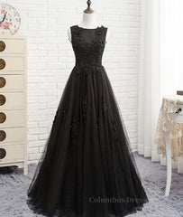 Evening Dress Long Sleeve, Black round neck tulle lace long prom dress, black evening dress
