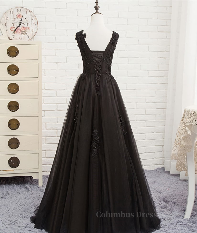 Evening Dresses 3 44 Sleeve, Black round neck tulle lace long prom dress, black evening dress