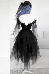 Party Dresses Classy Elegant, BLACK ROUND NECK TULLE LACE SHORT PROM DRESS BLACK EVENING DRESS