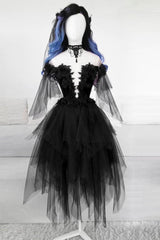 Party Dresses Size 22, BLACK ROUND NECK TULLE LACE SHORT PROM DRESS BLACK EVENING DRESS