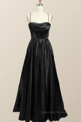 Party Dress Quick, Black Satin A-line Cowl Neck Long Formal Dress