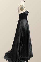 Party Dress And Gown, Black Satin A-line Cowl Neck Long Formal Dress