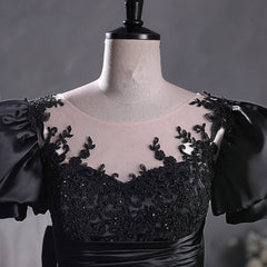 Bridesmaids Dresses Fall Colors, Black Satin A-line Floor Length Long Party Dress with Lace, Black Long Formal Dress