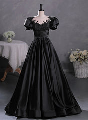 Bridesmaid Dresses Fall Colors, Black Satin A-line Floor Length Long Party Dress with Lace, Black Long Formal Dress