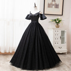 Prom Dress 2025, Black Satin and Tulle Ball Gown Off Shoulder Evening Dress Party Gown, Black Long Formal Dress