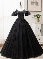 Prom Dress Different, Black Satin and Tulle Ball Gown Off Shoulder Evening Dress Party Gown, Black Long Formal Dress
