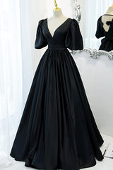 Party Dresses Sale, Black Satin Deep V-neckline Long Formal Dress, Black Evening Dress Prom Dress
