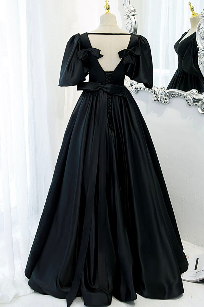 Party Dress Dresses, Black Satin Deep V-neckline Long Formal Dress, Black Evening Dress Prom Dress