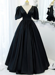 Party Dress Sales, Black Satin Deep V-neckline Long Formal Dress, Black Evening Dress Prom Dress