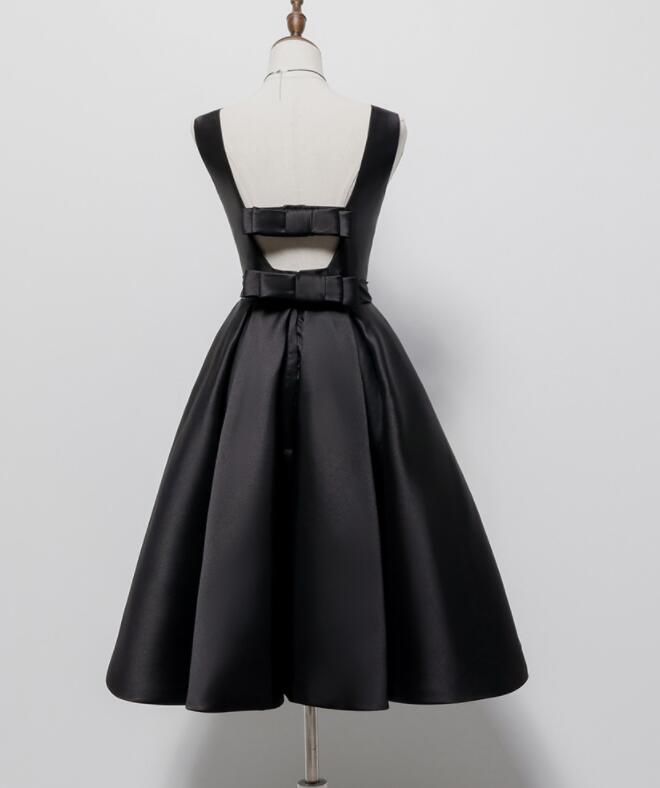 Bridesmaid Dress Design, Black Satin Knee Length Round Neckline Party Dress, Black Short Prom Dress