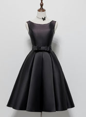 Bridesmaid Dress Designer, Black Satin Knee Length Round Neckline Party Dress, Black Short Prom Dress