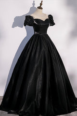 Prom Dresses With Short, Black Satin Long Prom Dress, Black A-Line Short Sleeve Evening Dress