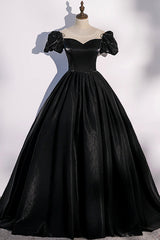 Prom Dresses For Teen, Black Satin Long Prom Dress, Black A-Line Short Sleeve Evening Dress