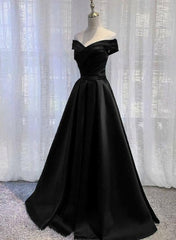 Prom Dresses Blush, Black Satin Off Shoulder Long Simple Evening Dress Formal Dress, Black Party Dresses