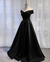 Bridesmaid Dress Long Sleeves, Black Satin Off Shoulder Long Simple Evening Dress Formal Dresses,Stunning Party Gown