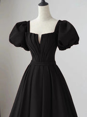 Bow Dress, Black Satin Puffy Sleeves Long Evening Party Dress, Black Long Prom Dress