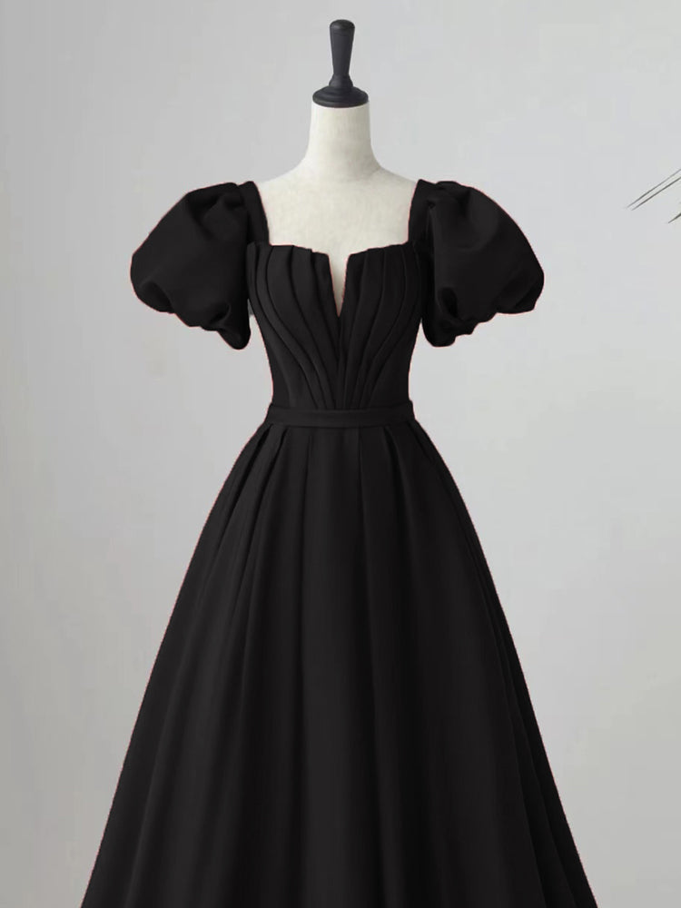 Semi Formal, Black Satin Puffy Sleeves Long Evening Party Dress, Black Long Prom Dress