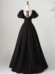 Long Black Dress, Black Satin Puffy Sleeves Long Evening Party Dress, Black Long Prom Dress