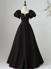 Flowy Dress, Black Satin Puffy Sleeves Long Evening Party Dress, Black Long Prom Dress