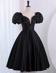 Prom Dress Curvy, Black Satin Short Sleeves Knee Length Party Dress, Black Homecoming Dress