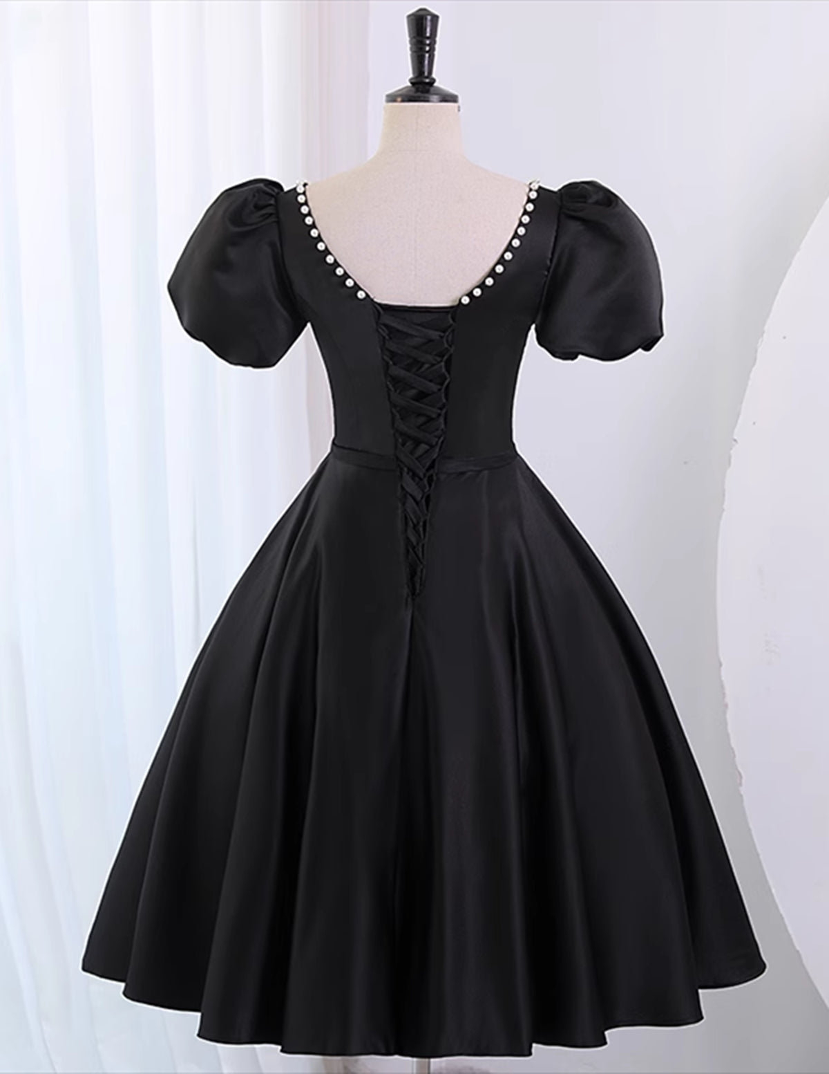 Prom Dress Open Back, Black Satin Short Sleeves Knee Length Party Dress, Black Homecoming Dress