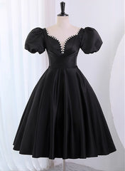 Prom Dresses Curvy, Black Satin Short Sleeves Knee Length Party Dress, Black Homecoming Dress