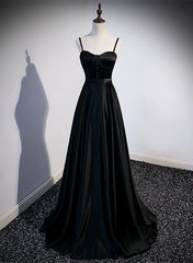 Party Dresses For Christmas, Black Satin Straps Long Party Dress, Black Sweetheart Long Evening Dress Prom Dress