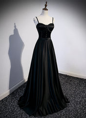 Party Dress Names, Black Satin Straps Long Party Dress, Black Sweetheart Long Evening Dress Prom Dress
