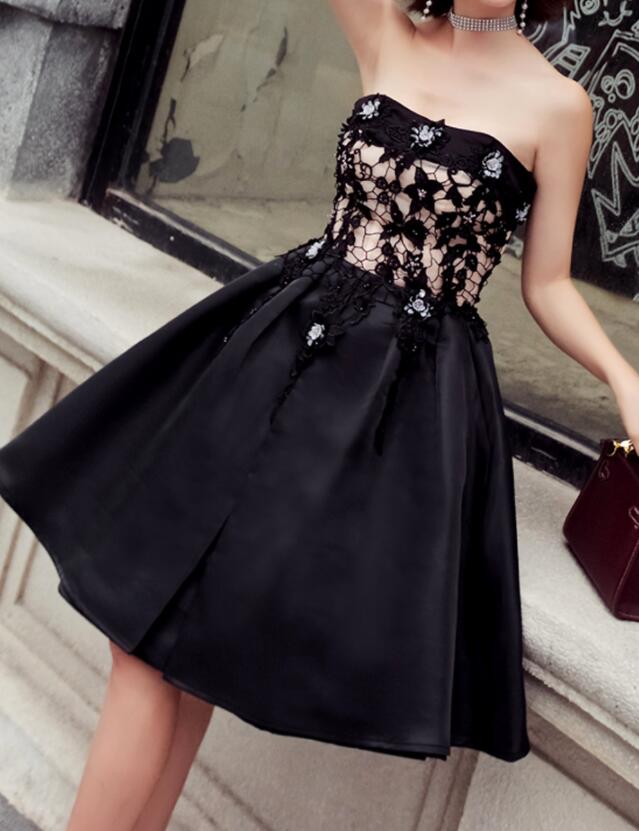Prom Dress Inspo, Black Satin with Lace Knee Length Prom Dress Homecoming Dress, Black Party Dresses
