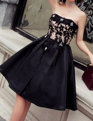 Prom Dress Inspo, Black Satin with Lace Knee Length Prom Dress Homecoming Dress, Black Party Dresses