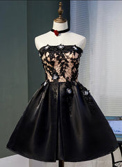 Prom Dress Ideas Unique, Black Satin with Lace Knee Length Prom Dress Homecoming Dress, Black Party Dresses