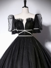 Prom Dress Pieces, Black Scoop Neckline Long Prom Dress, Shiny Tulle Black Evening Dress