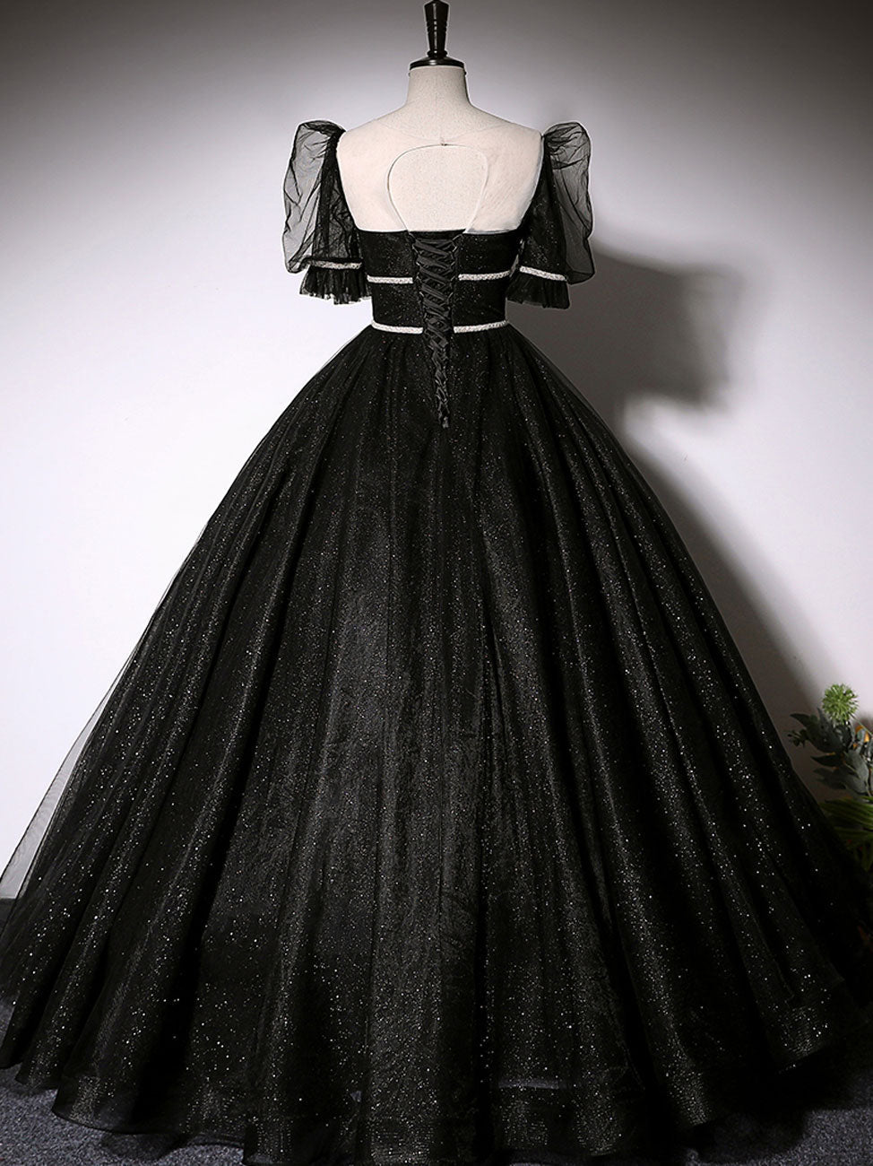Prom Dresses Piece, Black Scoop Neckline Long Prom Dress, Shiny Tulle Black Evening Dress