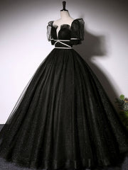 Prom Dress Piece, Black Scoop Neckline Long Prom Dress, Shiny Tulle Black Evening Dress