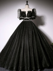 Prom Dresses Silk, Black Scoop Neckline Long Prom Dress, Shiny Tulle Black Evening Dress