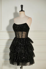 Prom Dresses Long With Sleeves, Black Sequined Strapless Multi-Layers Tulle Cocktail Dress