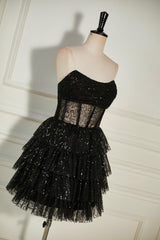 Prom Dress Long Mermaid, Black Sequined Strapless Multi-Layers Tulle Cocktail Dress