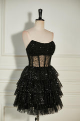Prom Dresses Long Mermaide, Black Sequined Strapless Multi-Layers Tulle Cocktail Dress