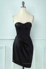 Party Dresses Weddings, Black Sheath Strapless Sweetheart Pleated Leather Mini Homecoming Dress