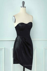 Party Dresses Wedding, Black Sheath Strapless Sweetheart Pleated Leather Mini Homecoming Dress