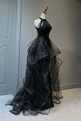 Prom Dresses For Kids, Black Shiny Tulle Long Party Dress with Beaded, Black Evening Dress