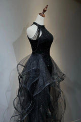 Pink Prom Dress, Black Shiny Tulle Long Party Dress with Beaded, Black Evening Dress
