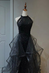Red Dress, Black Shiny Tulle Long Party Dress with Beaded, Black Evening Dress