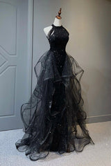 Black Dress, Black Shiny Tulle Long Party Dress with Beaded, Black Evening Dress