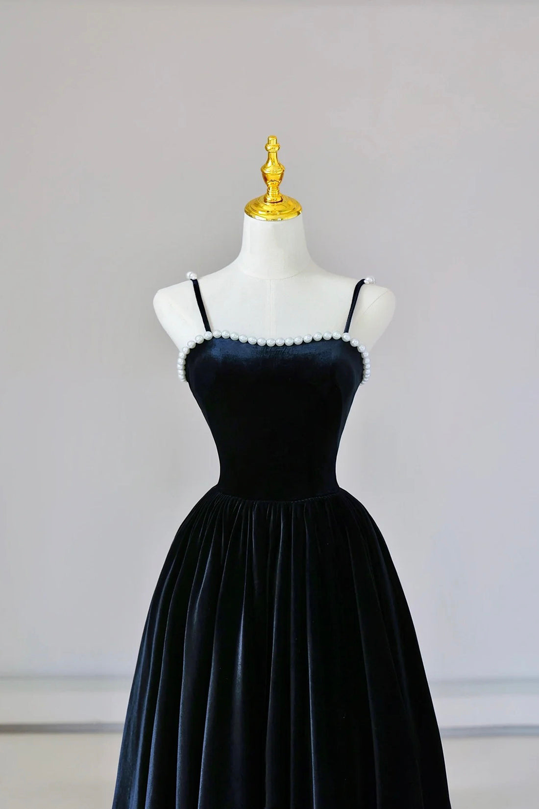 Prom Dress Glitter, Black Spaghetti Strap Velvet Long Prom Dress with Pearls, A-Line Evening Dress Party Dress