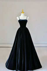 Prom Dresses Glitter, Black Spaghetti Strap Velvet Long Prom Dress with Pearls, A-Line Evening Dress Party Dress