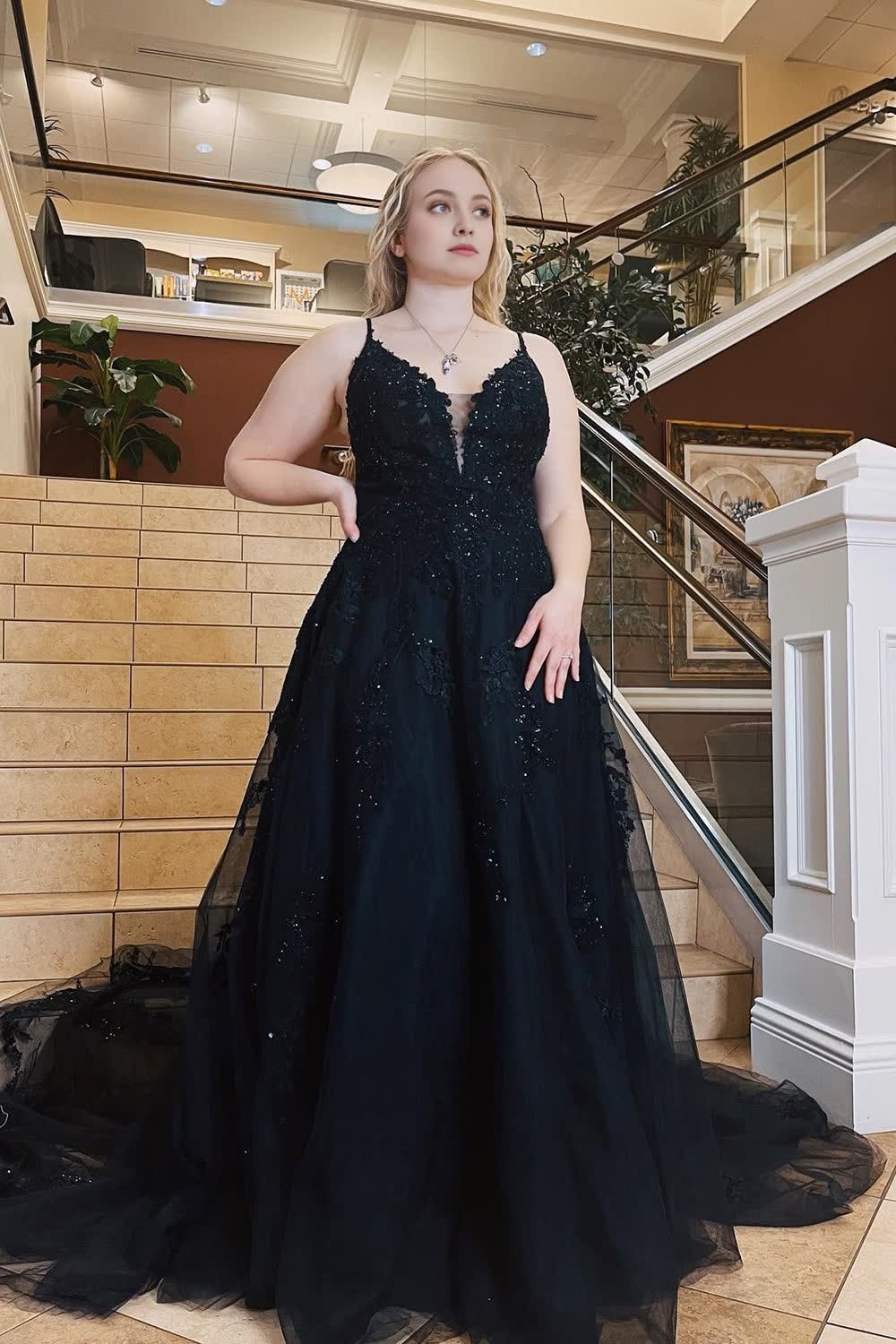 Black Spaghetti Straps A-Line Prom Dress With Appliques