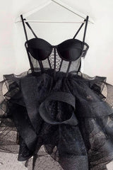 Formal Dresses Online, Black Spaghetti Straps Ruffles Homecoming Dress, Cute A-Line Party Dress